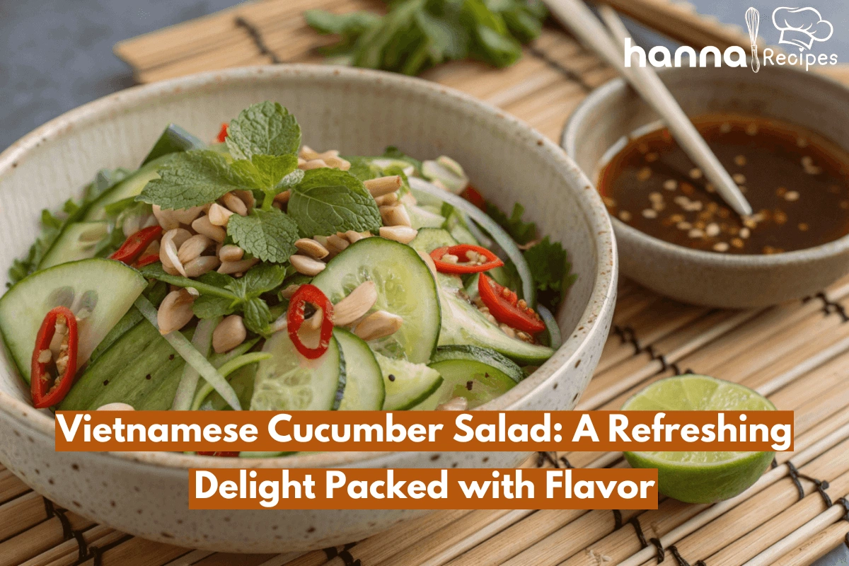 A vibrant Vietnamese cucumber salad with cucumbers, herbs, peanuts, and chilies in a rustic bowl.