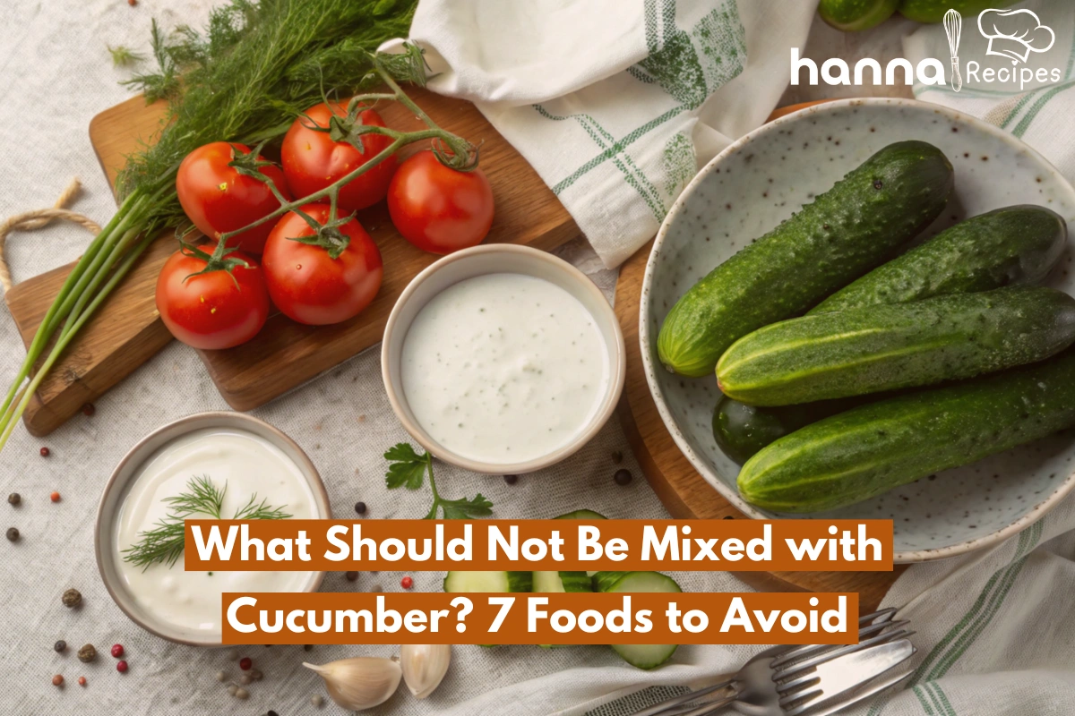 A close-up photo of cucumbers paired with foods like tomatoes, dairy, and starchy items, highlighting the combinations that should be avoided for optimal digestion.