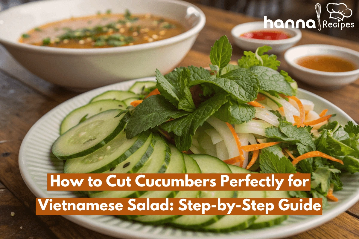 Fresh cucumbers sliced for Vietnamese salad, showcasing perfect cuts on a wooden cutting board.