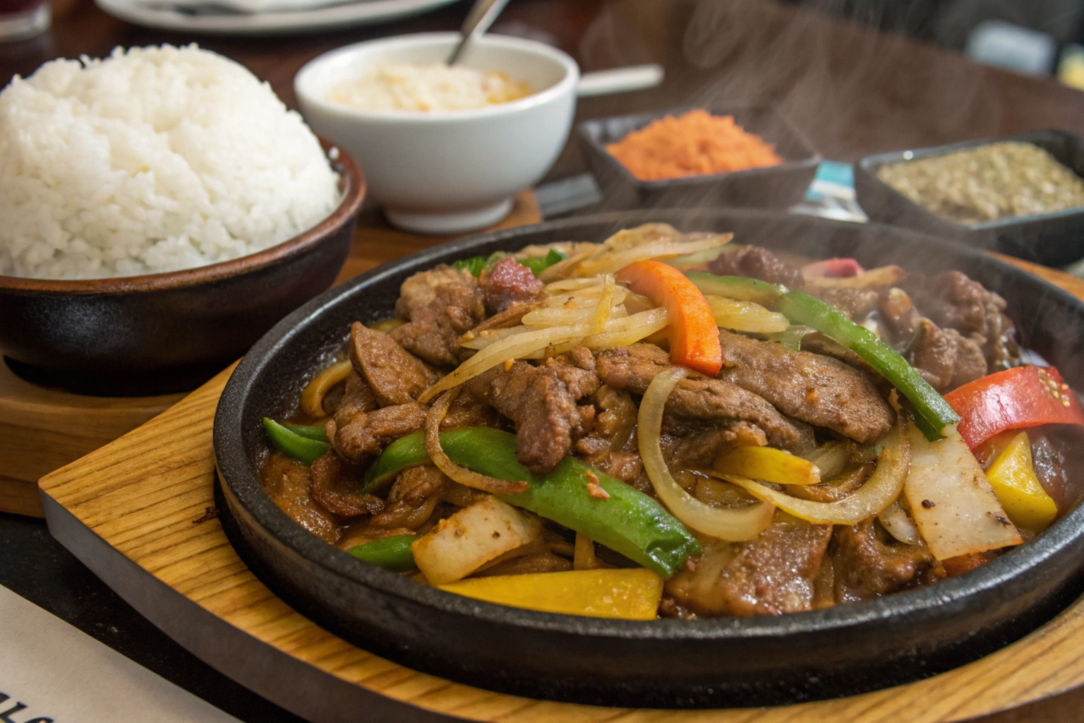 Sizzling beef and chicken Pepper Lunch served on a hot plate with vegetables and rice, showcasing a fusion of Japanese and Korean flavors.