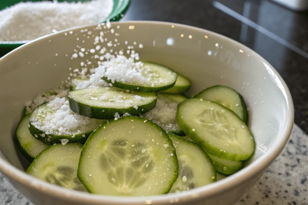 Cucumber slices with salt being sprinkled on top in a bowl to remove excess water.