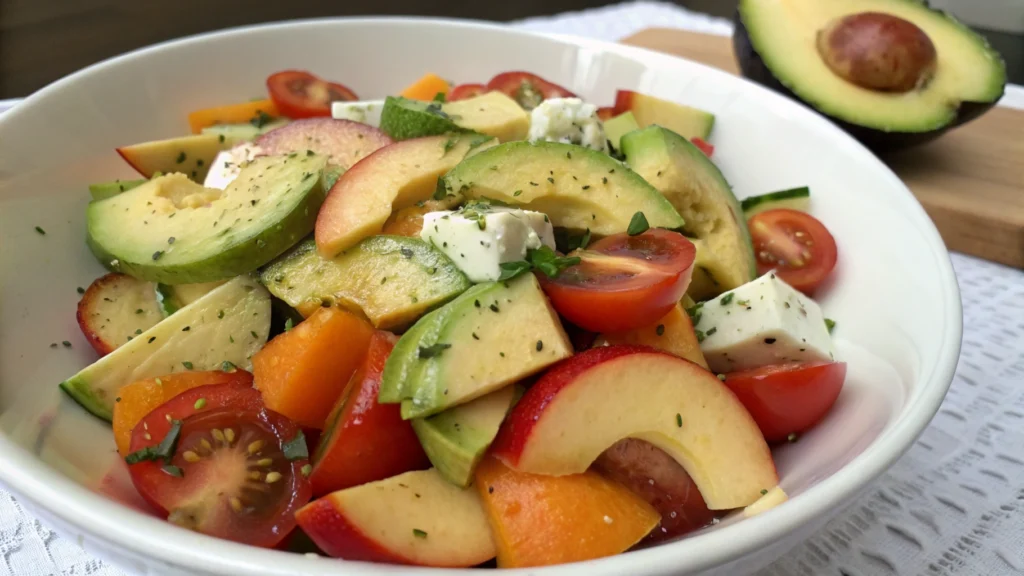 Quick and easy Peach Avocado Tomato Cucumber Salad, featuring fresh peaches, creamy avocado, juicy tomatoes, and crunchy cucumbers for a healthy, speedy meal.