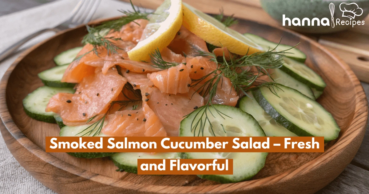 Smoked salmon cucumber salad with crisp cucumbers, rich smoky salmon, and a refreshing lemon garnish, perfect for a light and healthy meal.