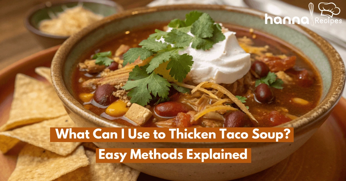 A close-up of taco soup topped with shredded cheese, sour cream, and fresh herbs, with a wooden spoon beside the bowl.