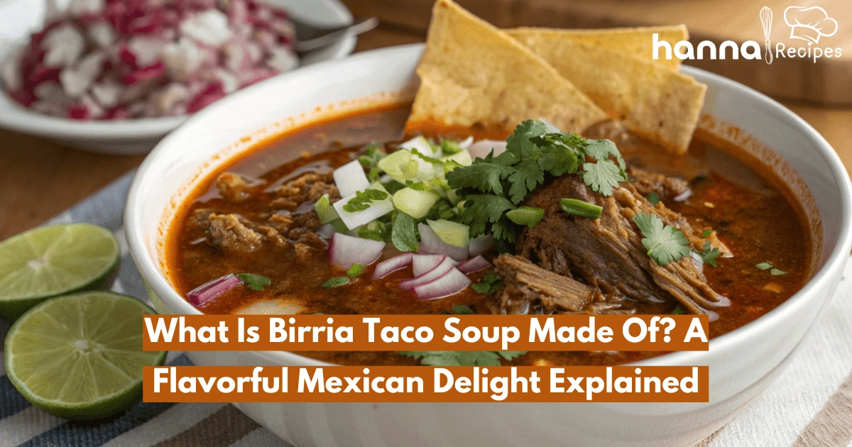 Birria taco soup made of tender meat, rich broth, and vibrant garnishes in a bowl, showcasing its delicious texture and flavors.