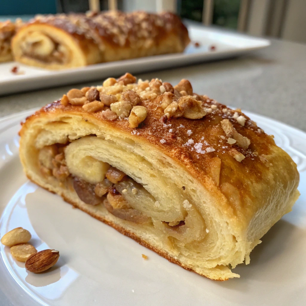 Freshly baked Nussgipfel pastry on a wooden table, featuring a golden, crisp exterior and a nutty filling. The close-up highlights the delicate layers and mouthwatering texture of the pastry.