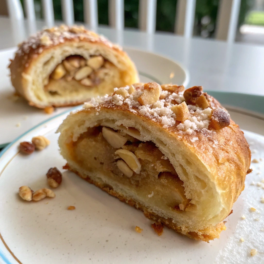 A homemade Nussgipfel pastry with a golden, flaky crust and visible nut filling, placed on a wooden surface. The image showcases the delicious texture and intricate details of this sweet, nut-filled pastry.