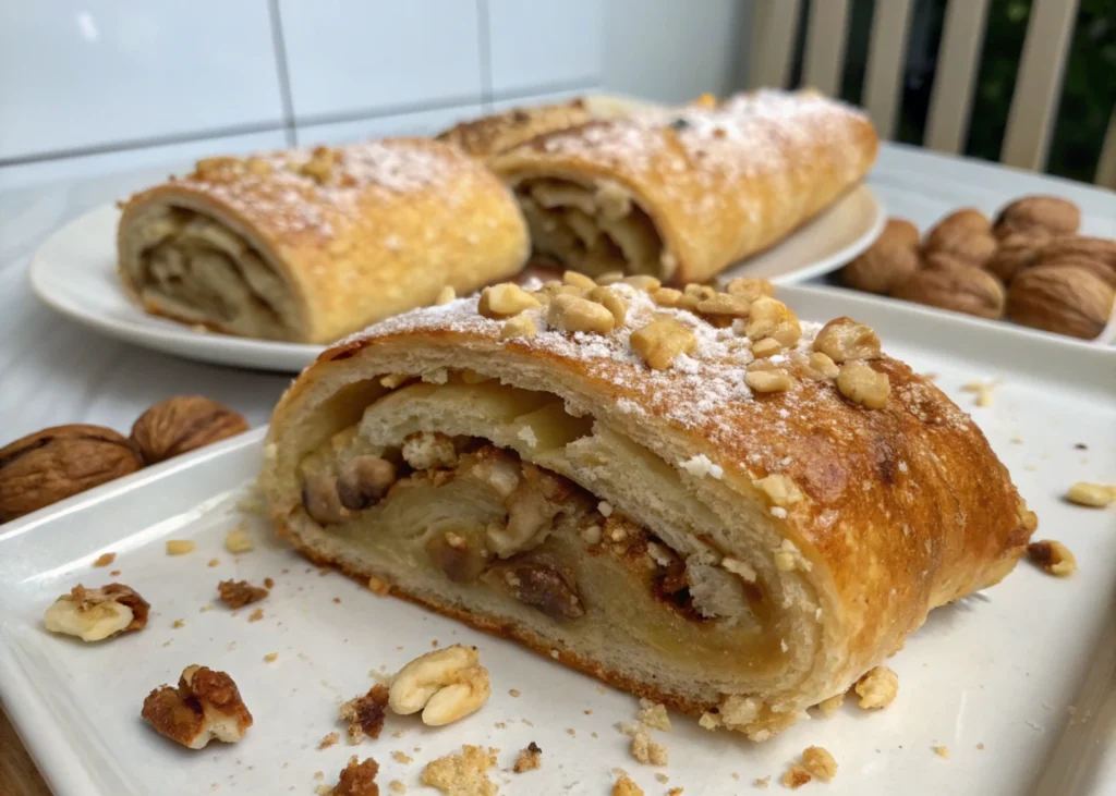 Close-up of a freshly baked Nussgipfel pastry with a golden, flaky exterior and a nut-filled center, placed on a rustic wooden table. The details highlight its texture and rich flavor, perfect for a cozy breakfast.