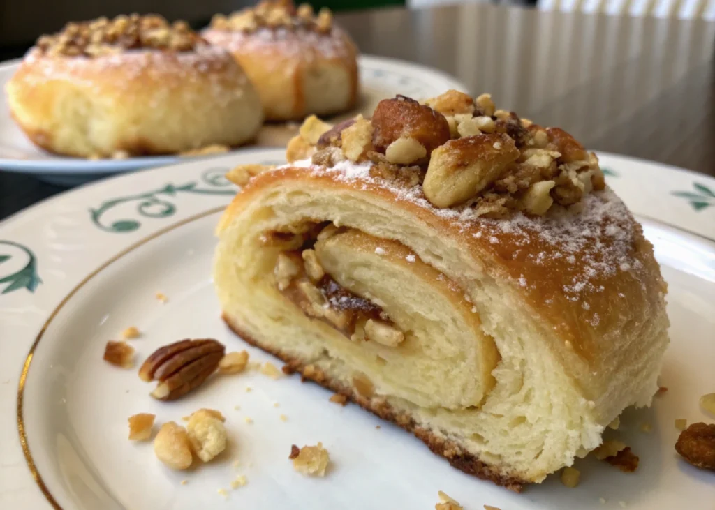 A homemade Nussgipfel pastry with a golden, flaky crust and visible nut filling, placed on a wooden surface. The image showcases the delicious texture and intricate details of this sweet, nut-filled pastry.