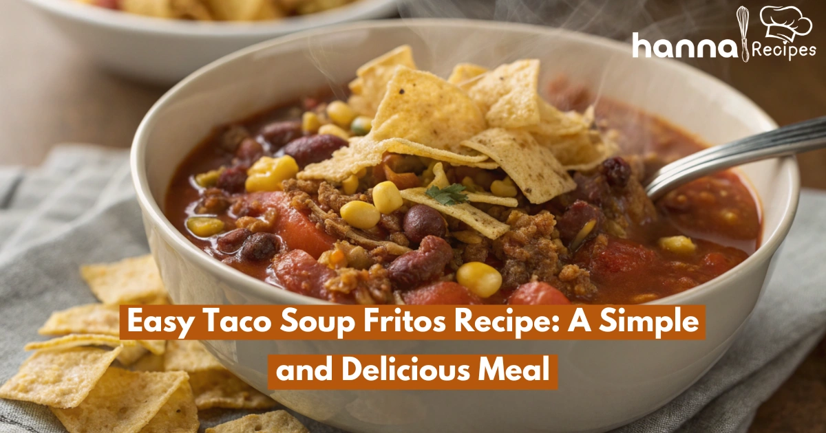 Close-up of a bowl of Easy Taco Soup Fritos with ground beef, beans, tomatoes, corn, and crispy Fritos soaked in flavorful broth.