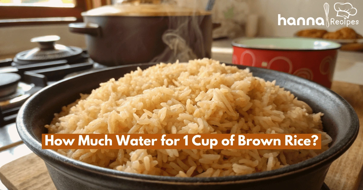 Close-up of perfectly cooked brown rice with a golden, fluffy texture, surrounded by a rustic kitchen setting.