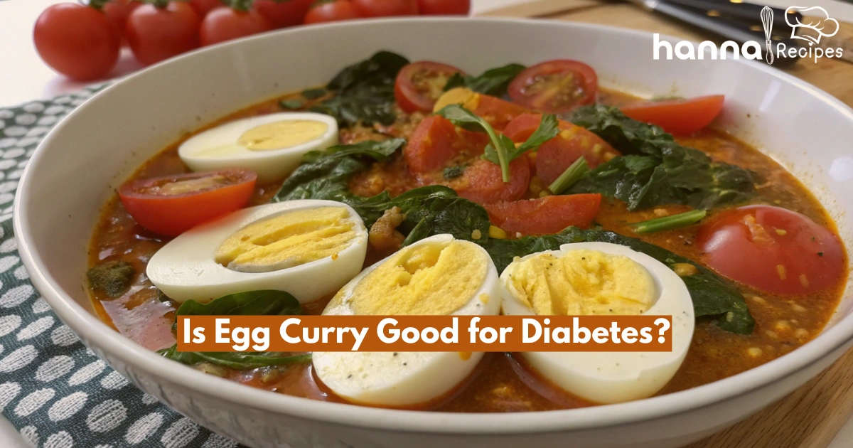 Diabetes-friendly egg curry with boiled eggs, spinach, and tomatoes, prepared with minimal oil for a healthy, flavorful meal