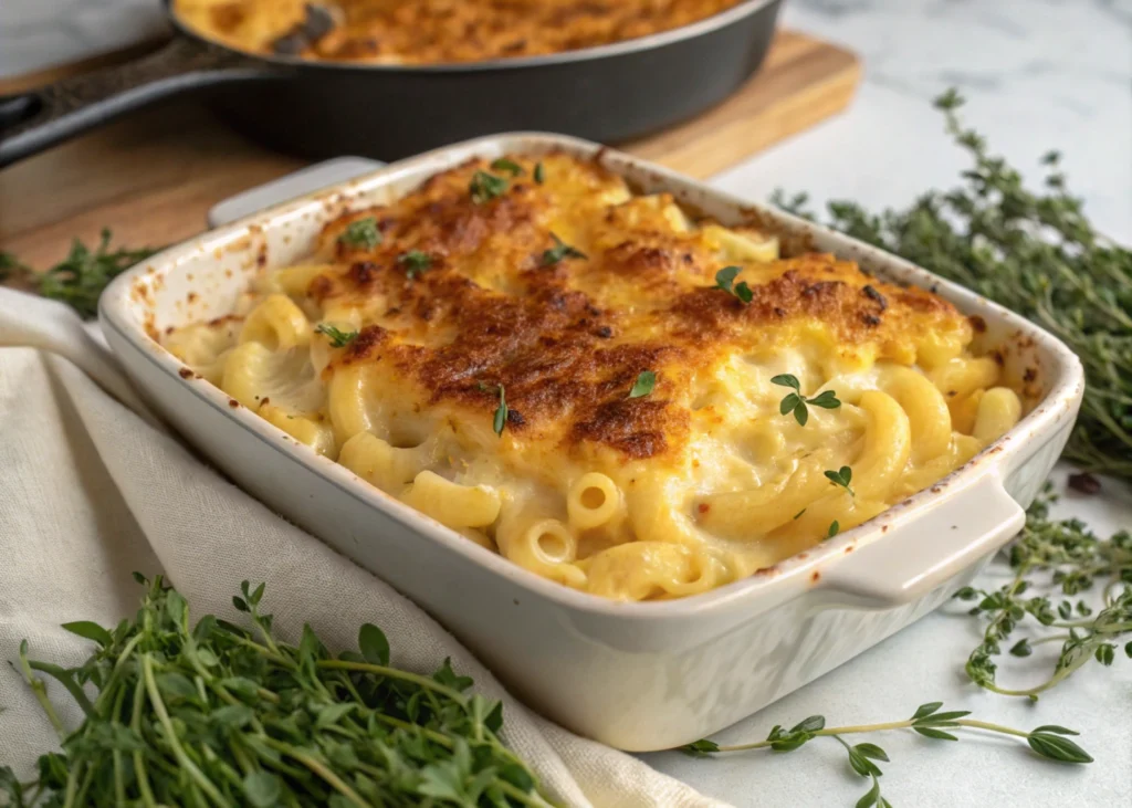 Zoomed-in shot of homemade mac and cheese, focusing on texture.