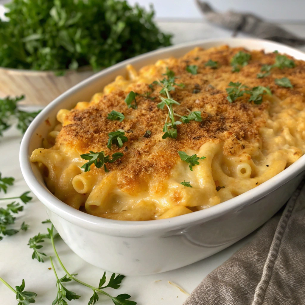 Golden, cheesy mac and cheese with perfectly cooked pasta.