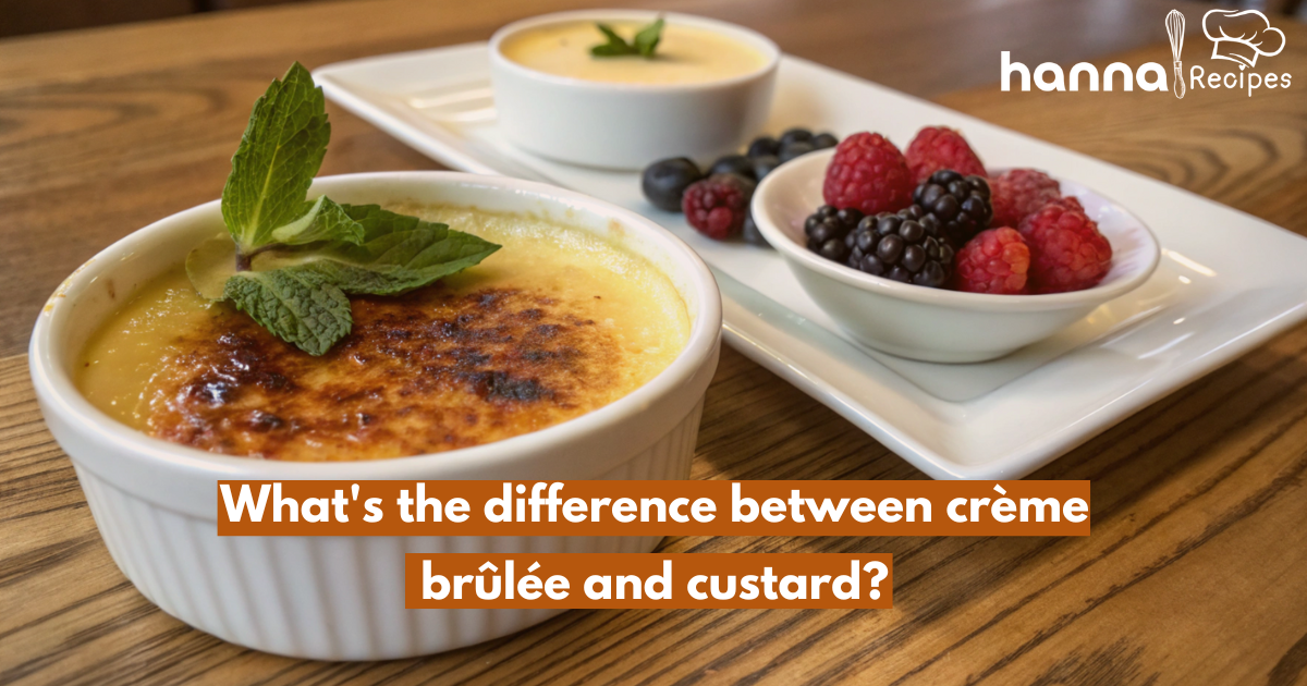 Image of crème brûlée and custard side by side, showcasing the difference in texture and caramelized top on crème brûlée.