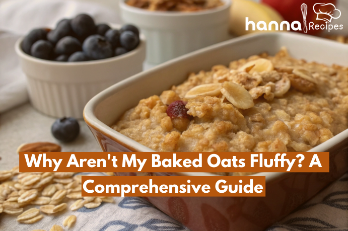 Fluffy baked oats in a cozy kitchen with fruit topping, showing the texture of baked oats and their light, airy appearance.