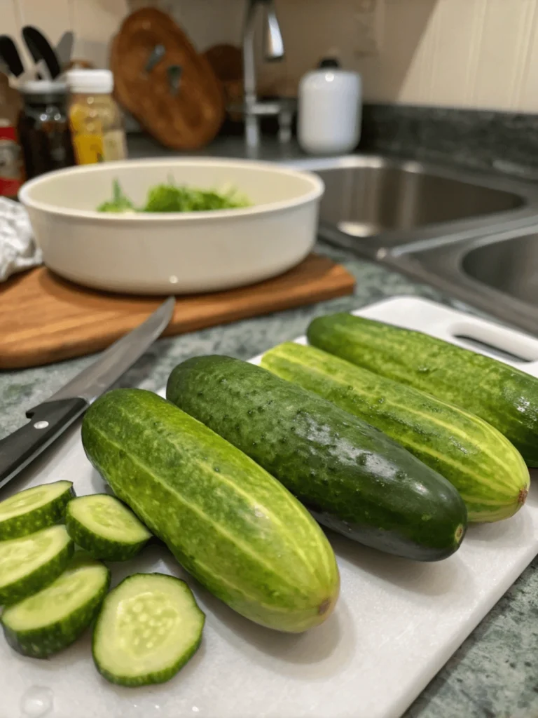 Fresh cucumbers on a cutting board, ready for slicing, with kitchen tools in the background.