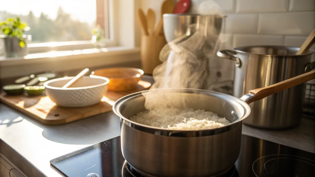 Stainless steel pot filled with uncooked short-grain rice on stovetop, with steam rising.