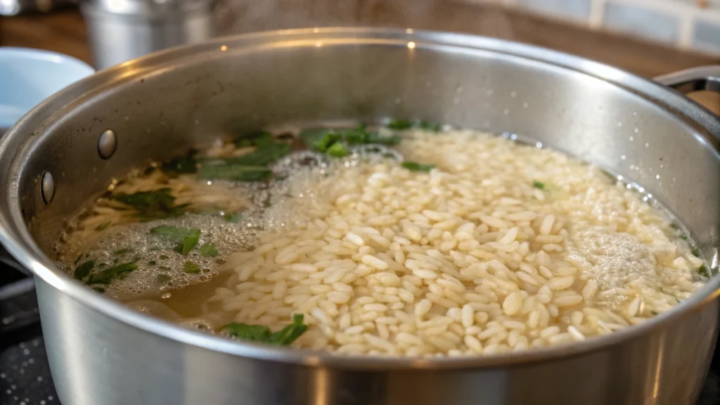 Close-up of cooked rice in a bowl, with steam rising and natural light illuminating the scene.