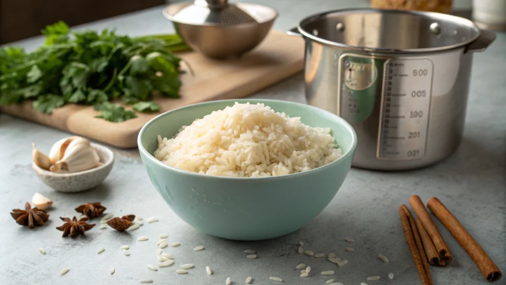 Arborio rice soaking in water, with steam rising, showing texture and water bubbles.