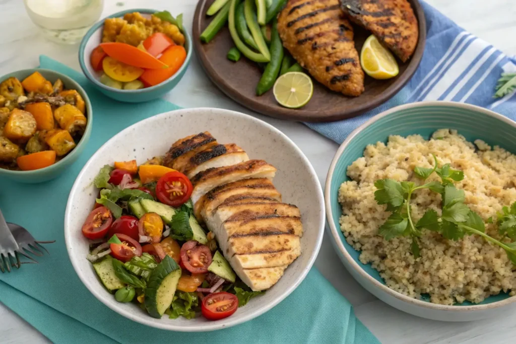 20 easy Low FODMAP dinner recipes with grilled chicken, roasted vegetables, quinoa, and a colorful salad.