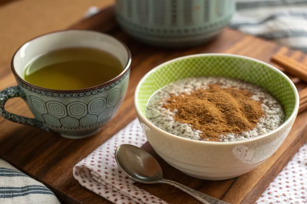 Green tea and chia pudding with cinnamon to support hormonal balance in PCOS.