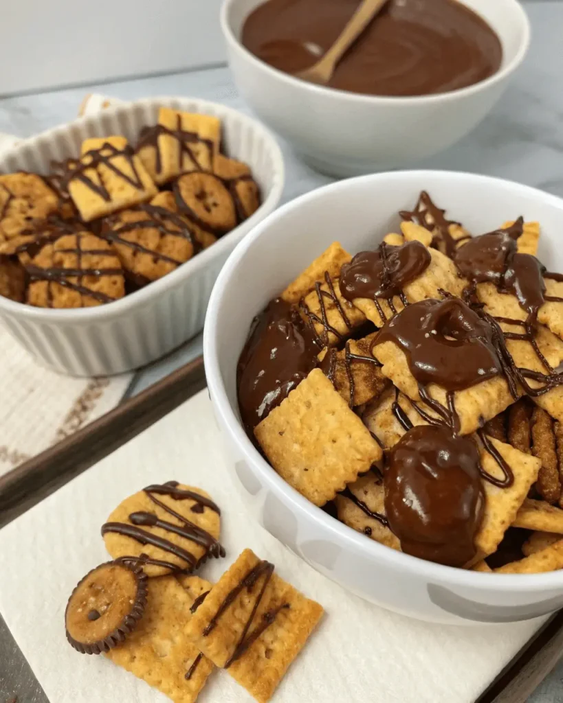 Cheez-It peanut butter and chocolate treats, beautifully stacked and drizzled with melted chocolate, showcasing a delightful blend of flavors.