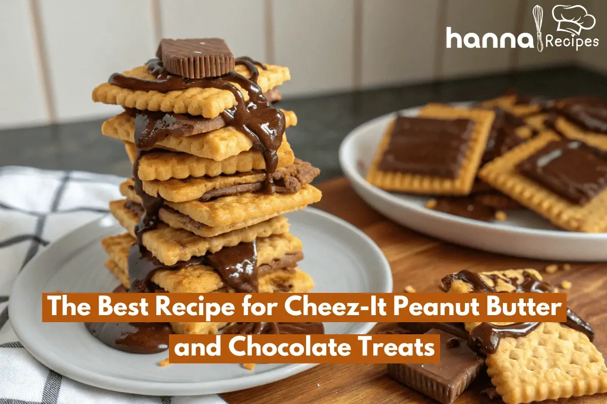 Cheez-It peanut butter and chocolate treats stacked and drizzled with melted chocolate, showcasing the delicious combination of sweet and salty flavors.