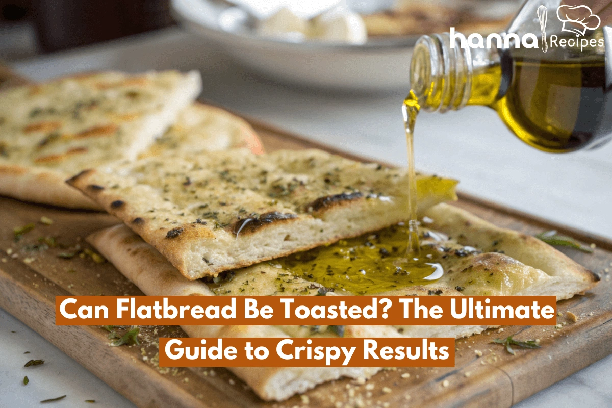 Toasted flatbread with golden crispy edges, drizzled with olive oil and garlic, served on a wooden board.