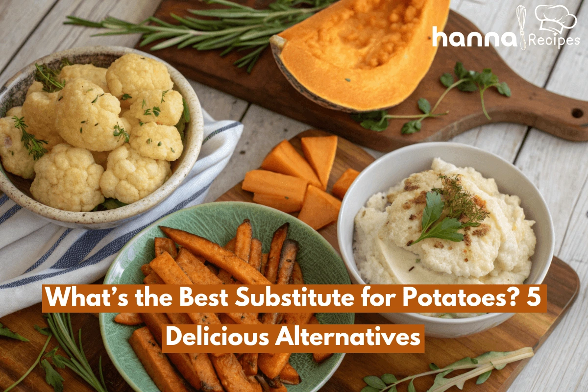 A vibrant display of five healthy potato substitutes: mashed cauliflower, sweet potato fries, roasted butternut squash, rutabaga fries, and celeriac mash in a rustic kitchen setting.