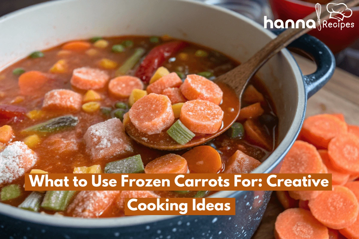 Image of frozen carrots being added to a vegetable soup, showcasing their texture and vibrant color.