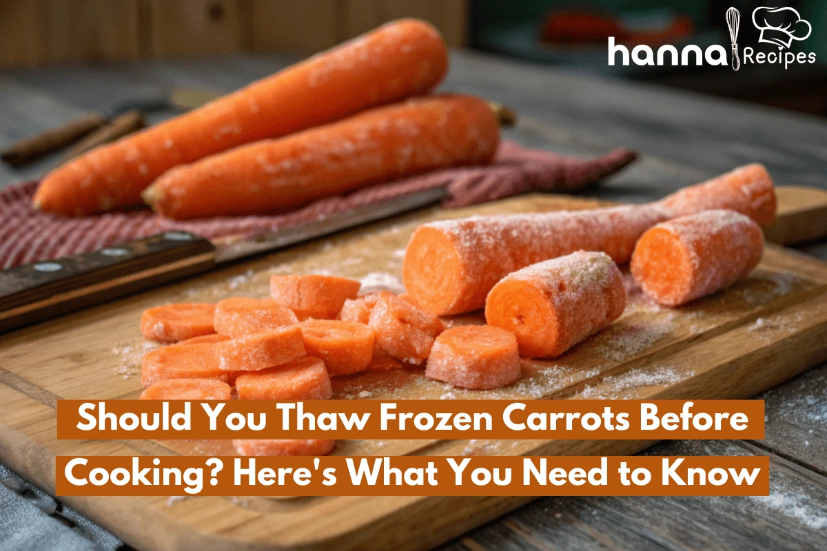 Frozen and thawed carrots on a cutting board, showcasing their texture and vibrant color.