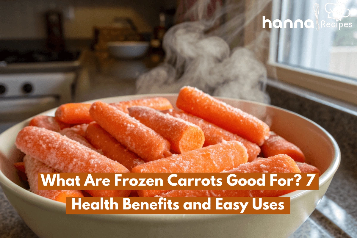 Frozen carrots in a bowl, steaming lightly, with a vibrant orange color in a home kitchen setting.