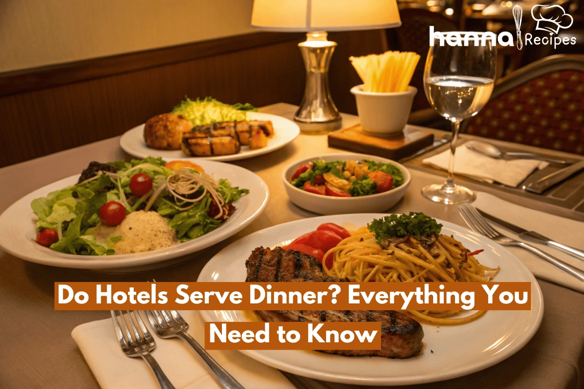 A delicious hotel dinner setup with steak, pasta, and salad, captured in a cozy ambiance.