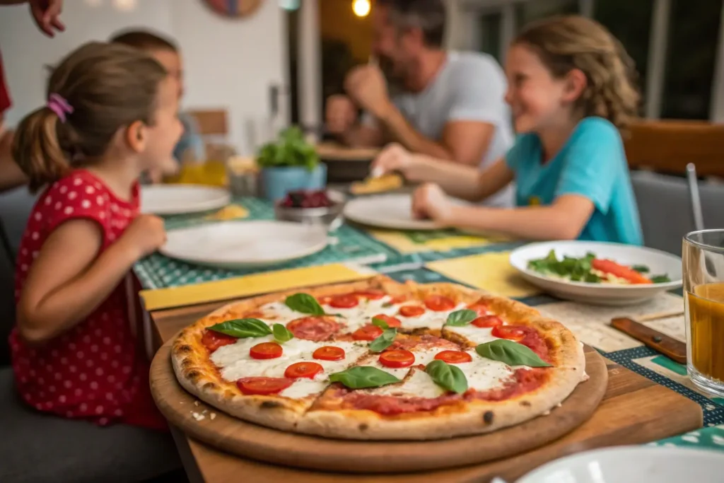 Family-friendly gluten-free pizza with fresh toppings like tomatoes, cheese, and basil.