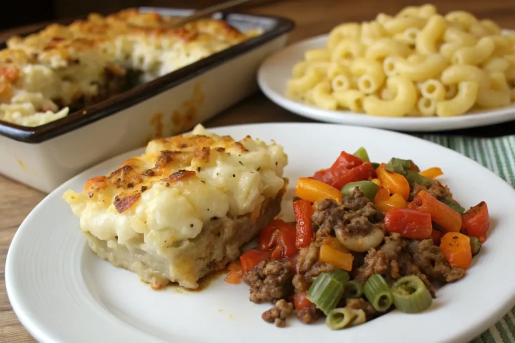 Healthy gluten-free comfort foods like mac and cheese, shepherd’s pie, and stuffed bell peppers for a gluten-free person to eat for dinner.