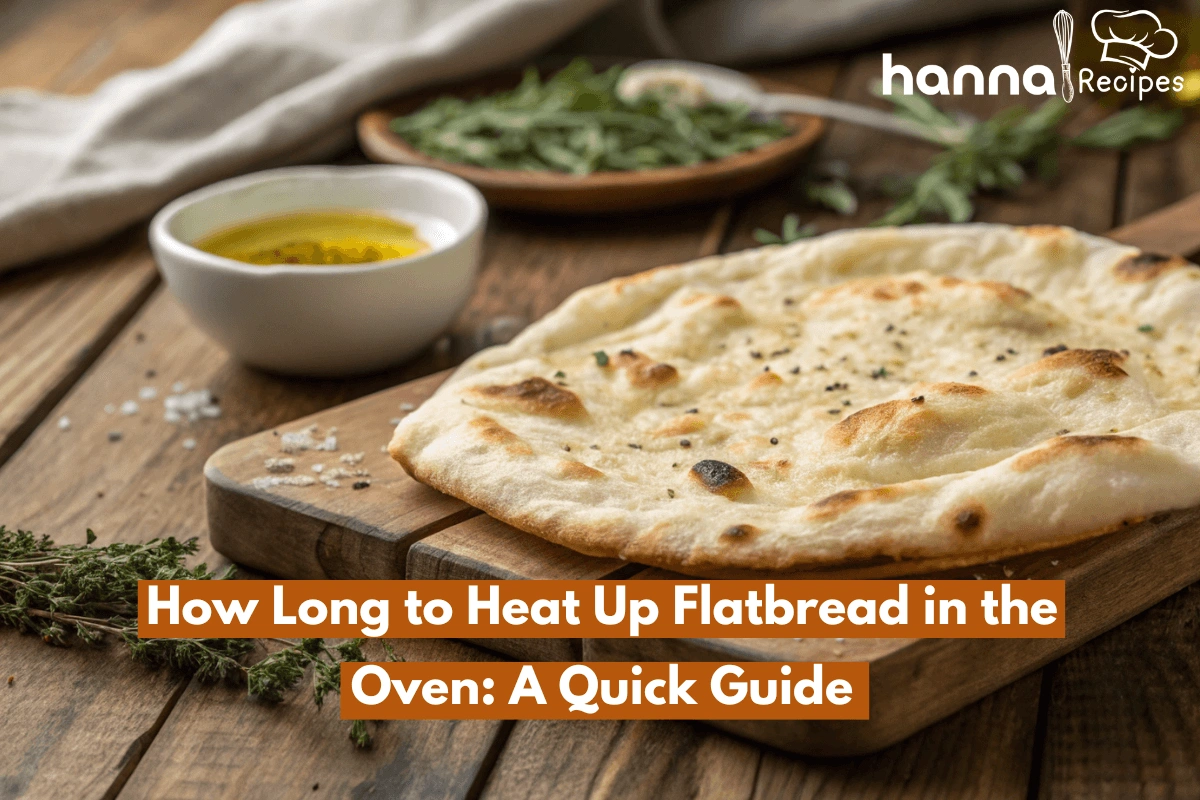 A close-up photo of freshly heated flatbread on a wooden table with a bowl of olive oil in the background. The flatbread appears warm with a golden-brown exterior and soft interior.