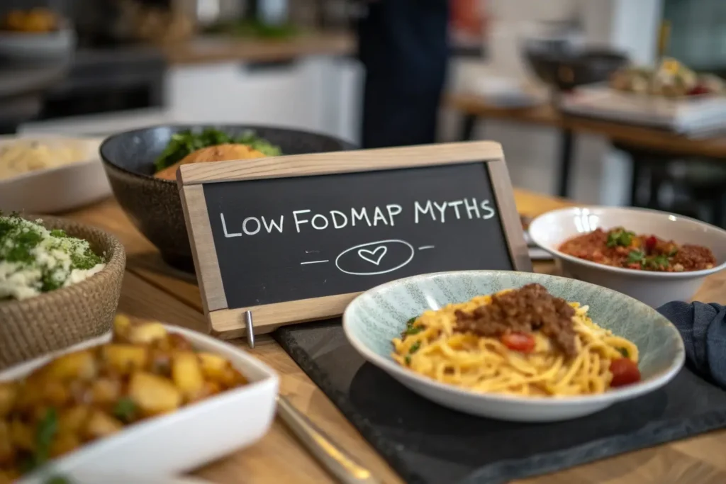 Chalkboard with myths about pasta on the Low FODMAP diet and a pasta dish.