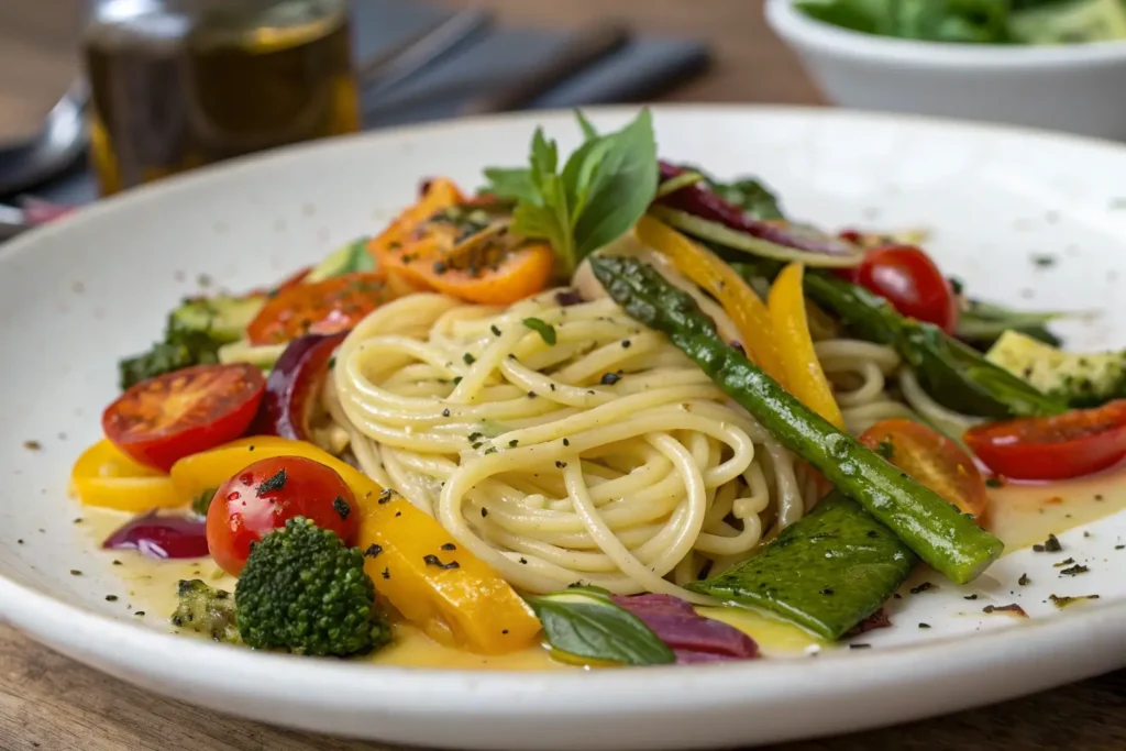 Low FODMAP-friendly gluten-free pasta with veggies and olive oil.