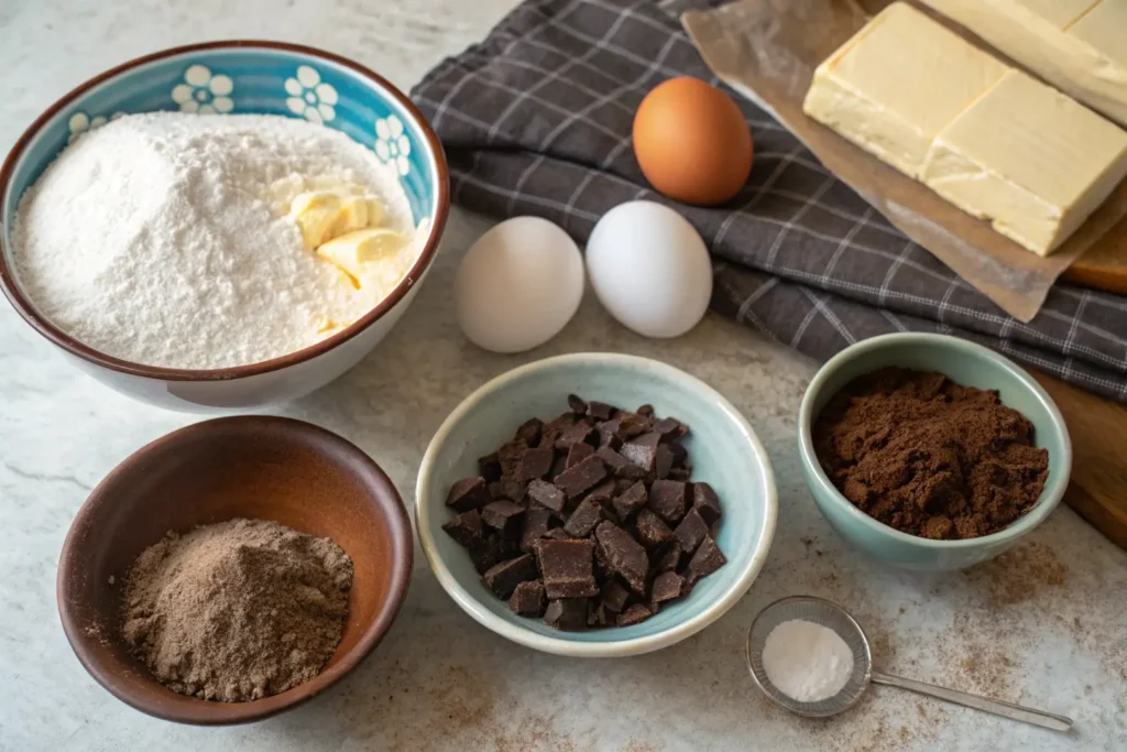 Key ingredients for an easy chocolate bun recipe, including flour, cocoa powder, butter, and chocolate chunks.