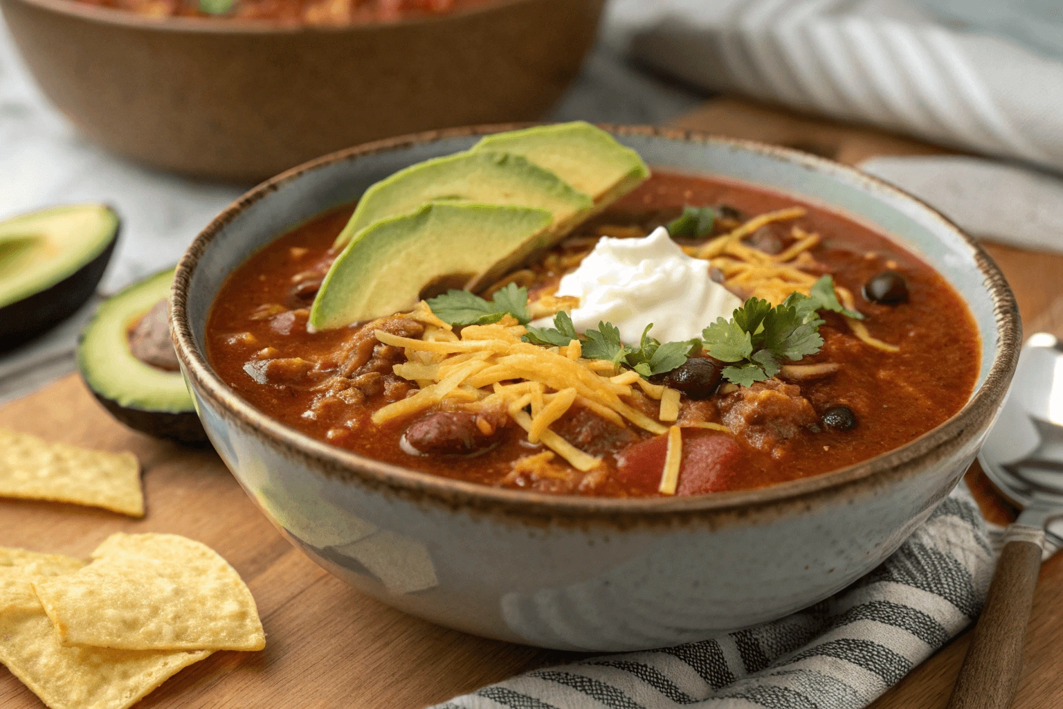 Close-up of a homemade taco soup with toppings like sour cream, avocado, and shredded cheese, showing vibrant colors and textures.