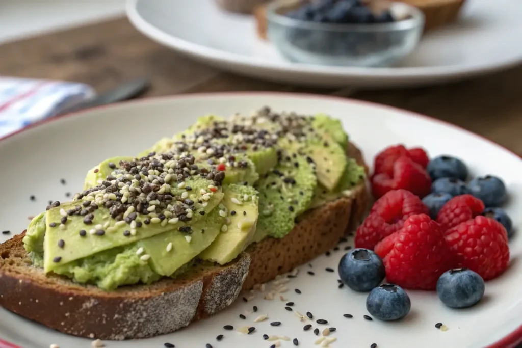 Quick PCOS breakfast with avocado toast, chia seeds, and fresh berries.