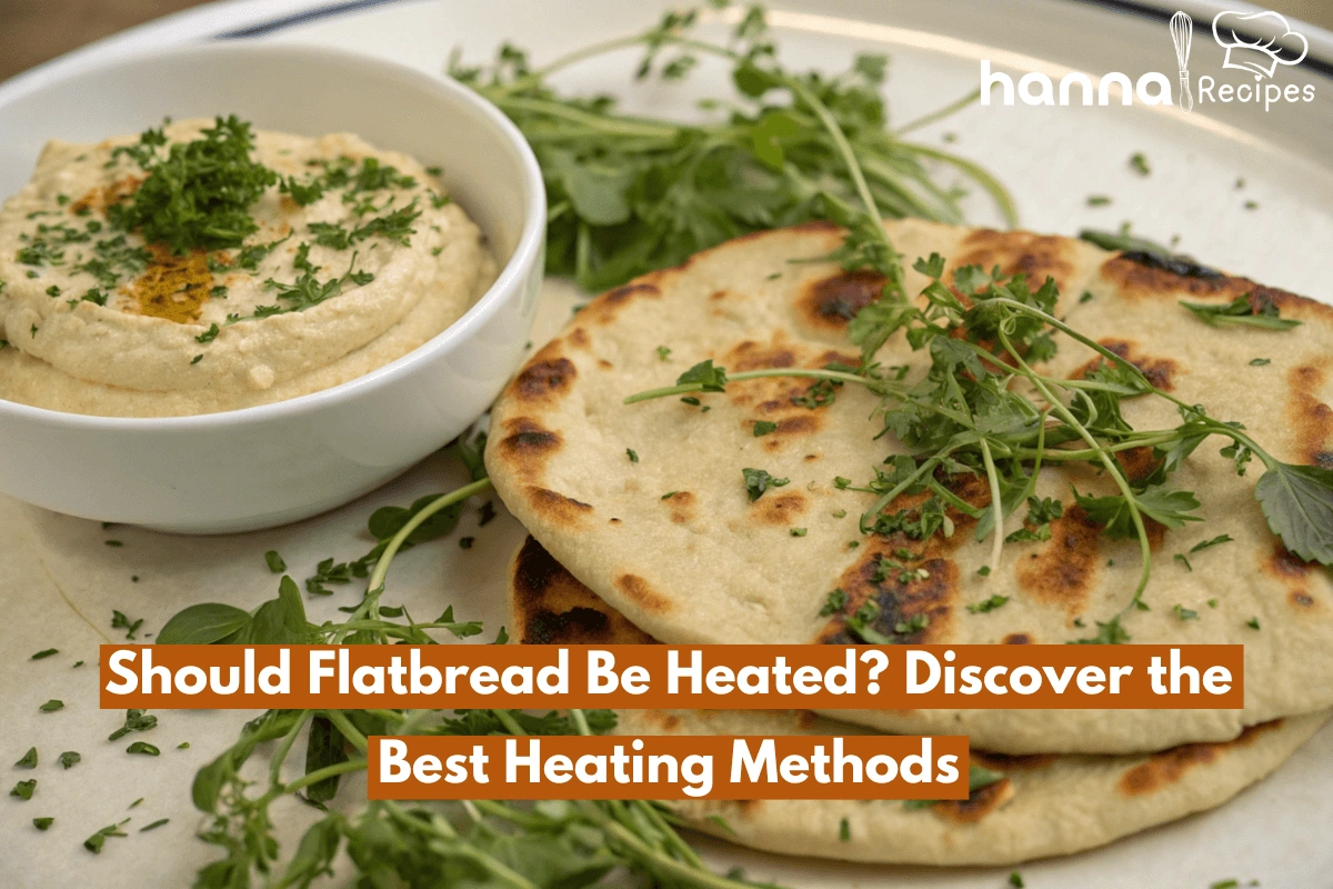 Heated flatbread served with fresh herbs and hummus, highlighting the texture and warmth.