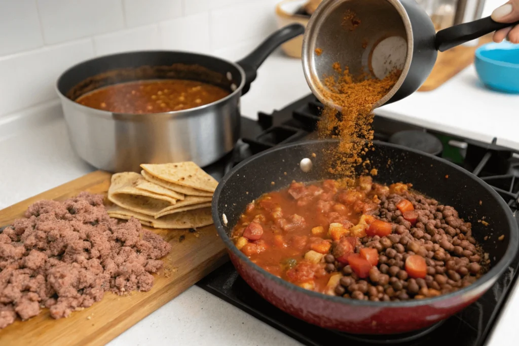 A kitchen scene with ground meat cooking, taco seasoning being added, and a pot of simmering soup with beans and tomatoes.