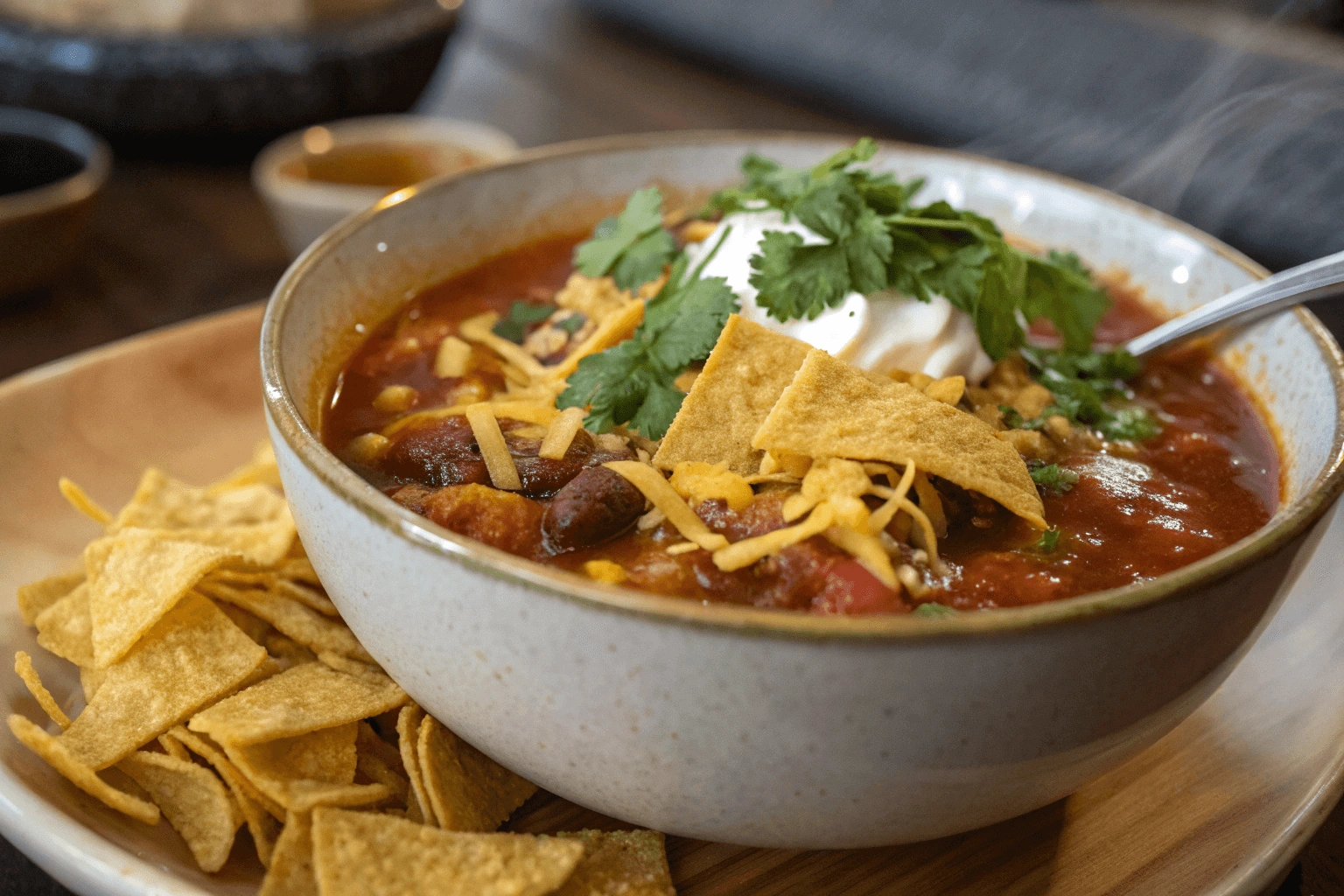 A close-up image of hearty taco soup topped with Fritos, cheddar cheese, sour cream, and fresh cilantro, served in a rustic bowl.