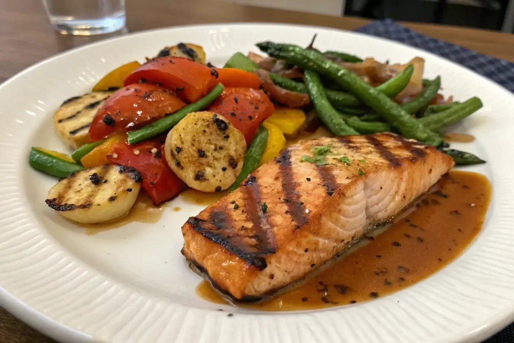 Gluten-free grilled salmon with sautéed vegetables and a drizzle of gluten-free sauce.