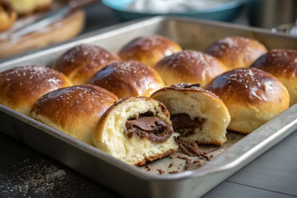 Perfectly baked easy chocolate buns, golden-brown with a soft interior and chocolate filling.