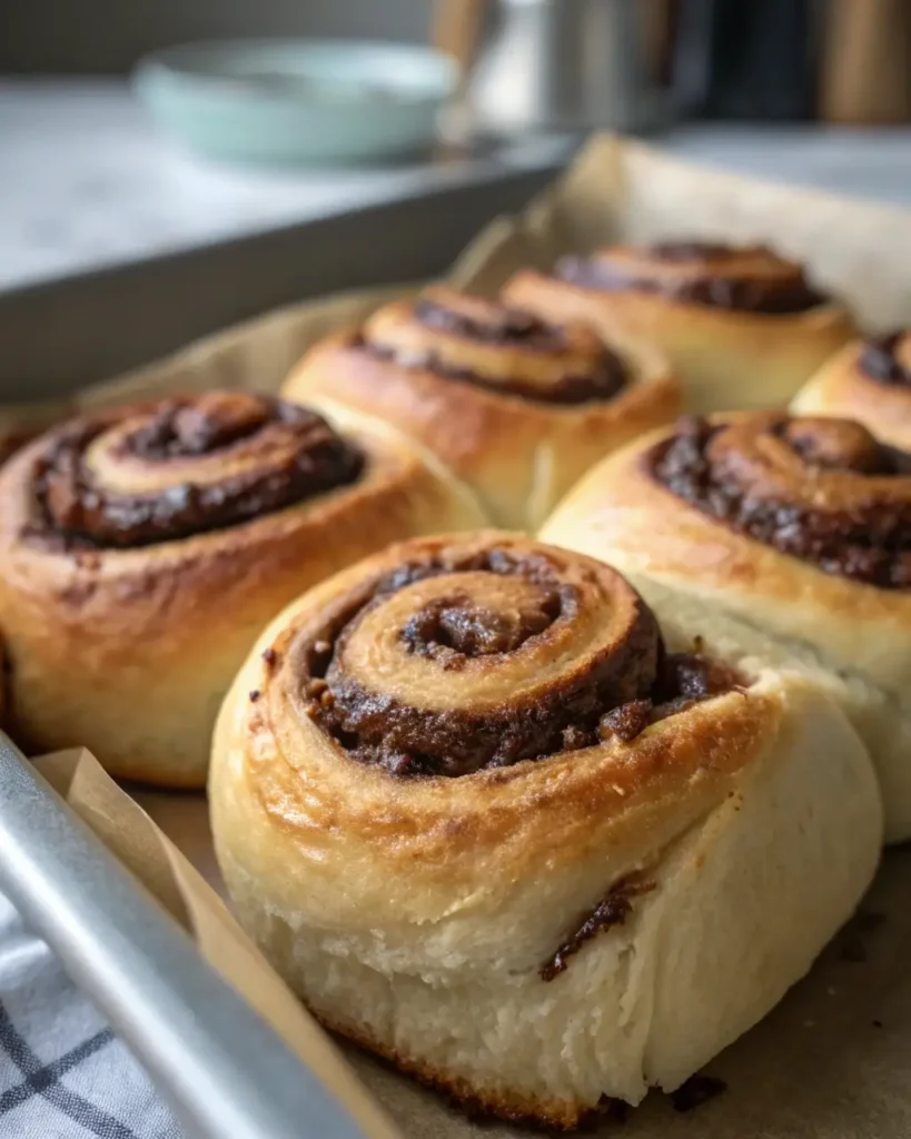 Easy chocolate bun recipe showing freshly baked chocolate buns with a golden crust and gooey chocolate filling.