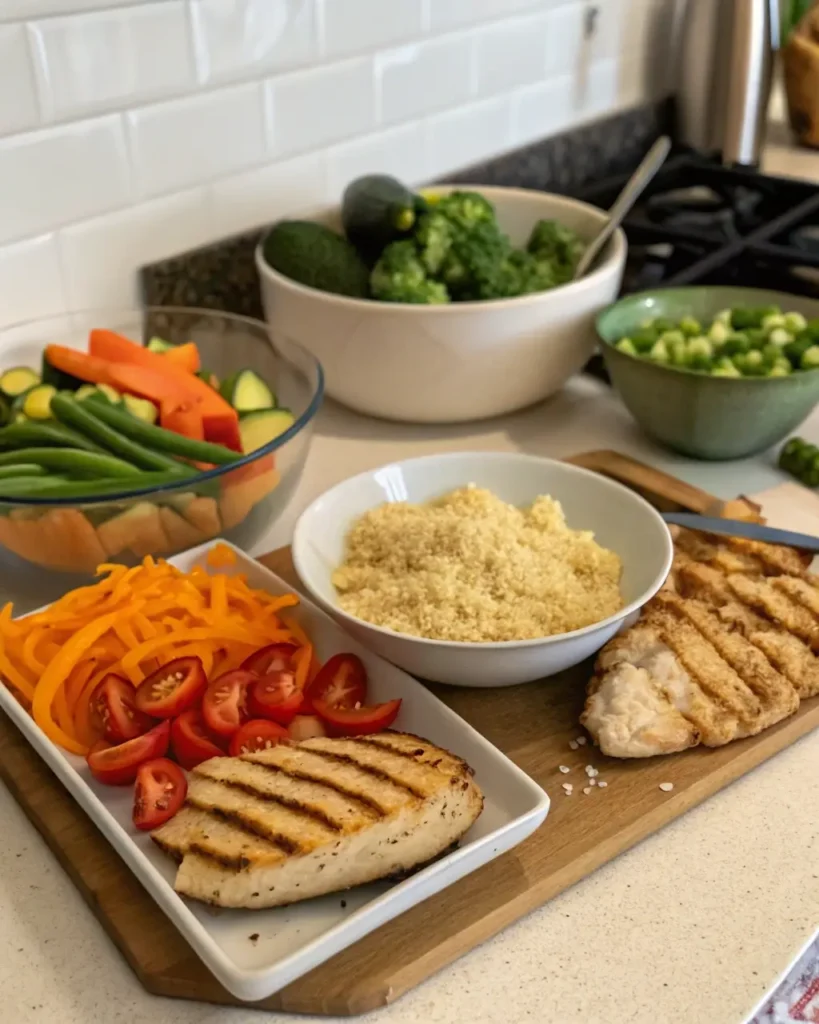 Gluten free recipes for dinner ingredients like quinoa, rice flour, fresh vegetables, and grilled chicken.