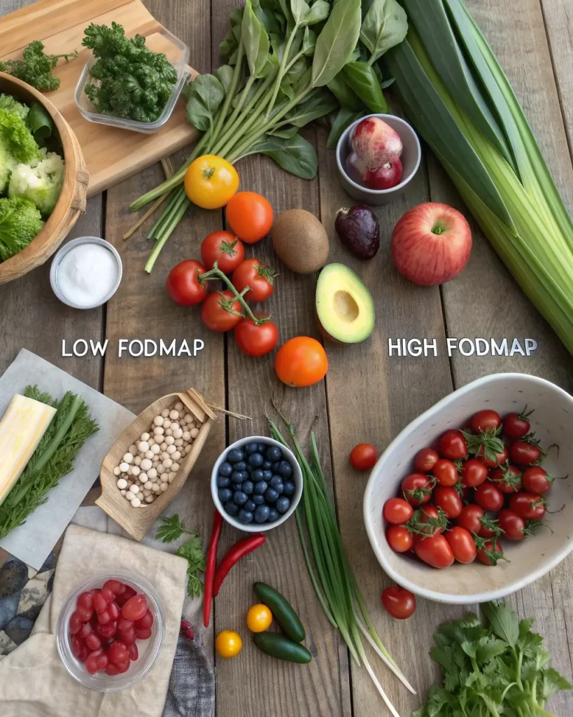 Fresh vegetables, fruits, and herbs categorized as Low FODMAP and high FODMAP.